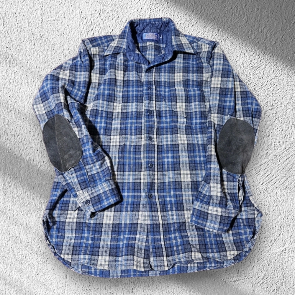Vintage 70s Pendleton Blue Plaid Flannel W/ Suede‎ Elbow Patches Mens L USA Made